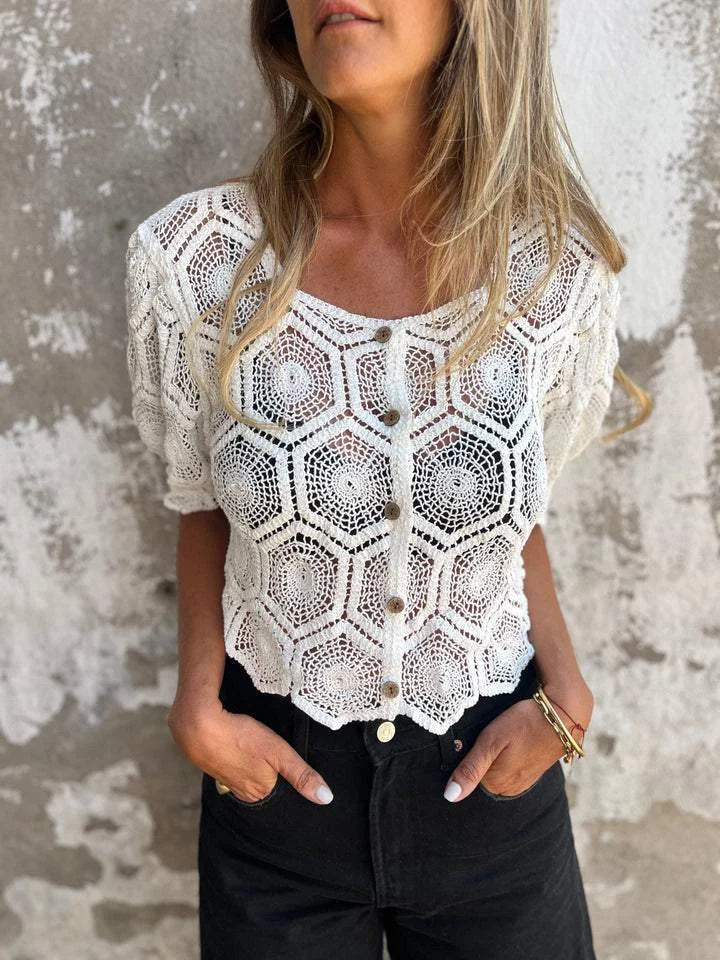Crew-neck Knitted Cobweb Cut-out Short-sleeved Top