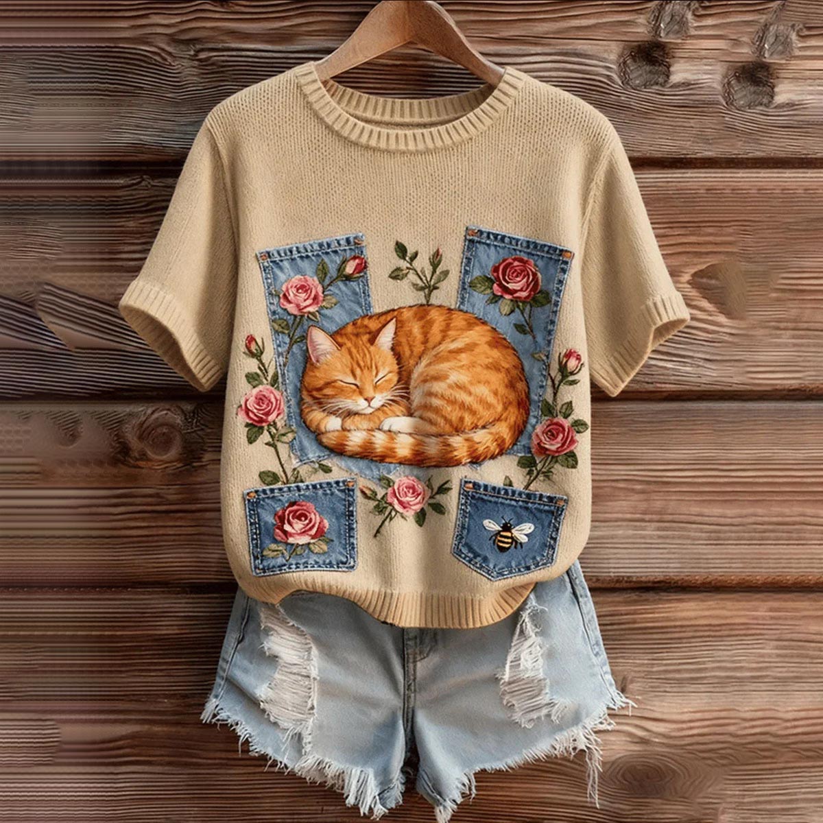 Women's Retro Flower Cat Art Cozy Short Sleeve Knit Sweater elevenforest