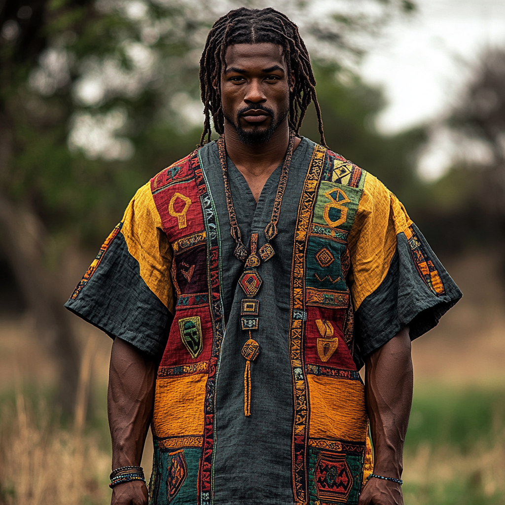 Men's African Ethnic Geometry Tribal Art Contrasting Colors Linen T-shirt