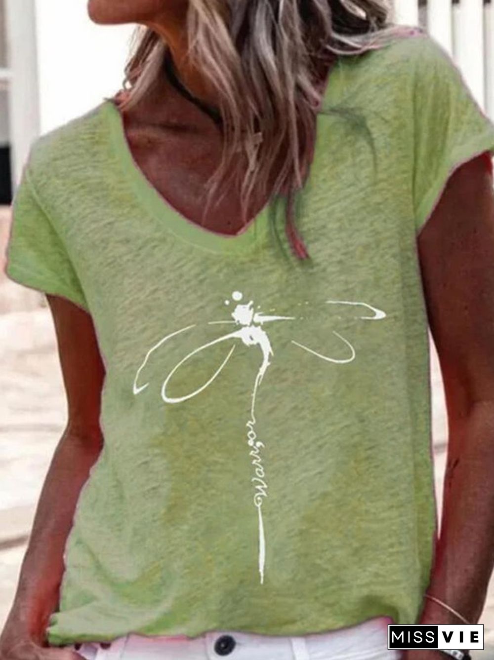 Dragonfly Casual V Neck Short Sleeve T-Shirt
