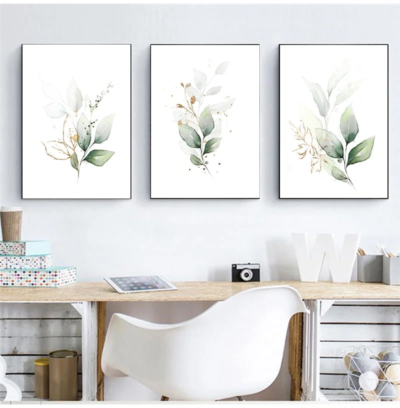 Bohemia Green Leaves Golden Floral Botanical Wall Art Canvas Paintings Poster Print Pictures For Living Room Kitchen Home Decor