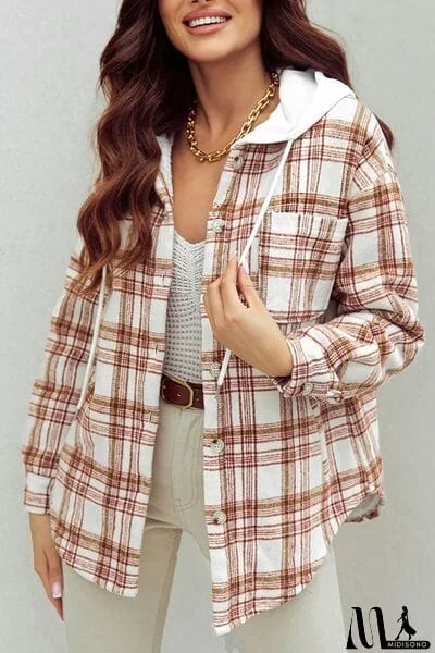 MidiSono - Plaid Drawstring Button Up Long Sleeve Hooded Jacket