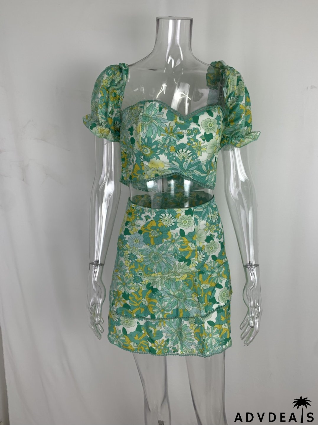 Women Sexy Printed Puff Sleeve Top and Skirt Casual Two-piece Set