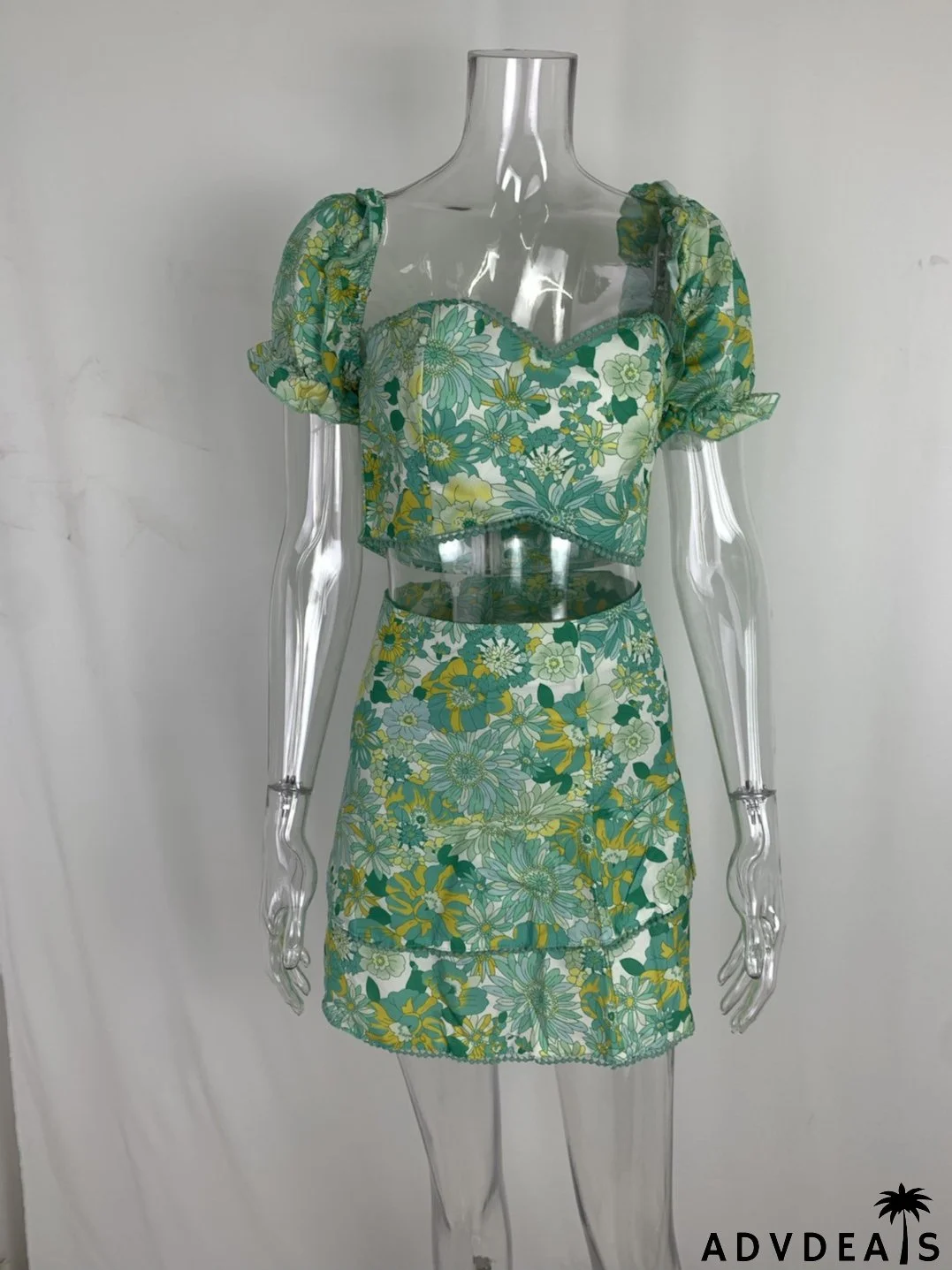 Women Sexy Printed Puff Sleeve Top and Skirt Casual Two-piece Set