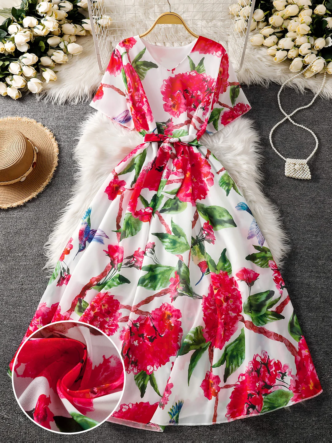Print V-Neck Short Sleeve Chiffon Midi Dress With Belt - Flowy, Loose Fit, All-Season Floral Print For Women, Elegant Long Skirt Style, Cute Dresse | IFYHOME