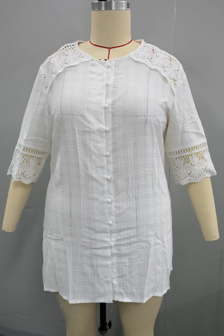Plus Size Lace Stitching Button Up Round Neck Casual Blouses  Flycurvy [product_label]