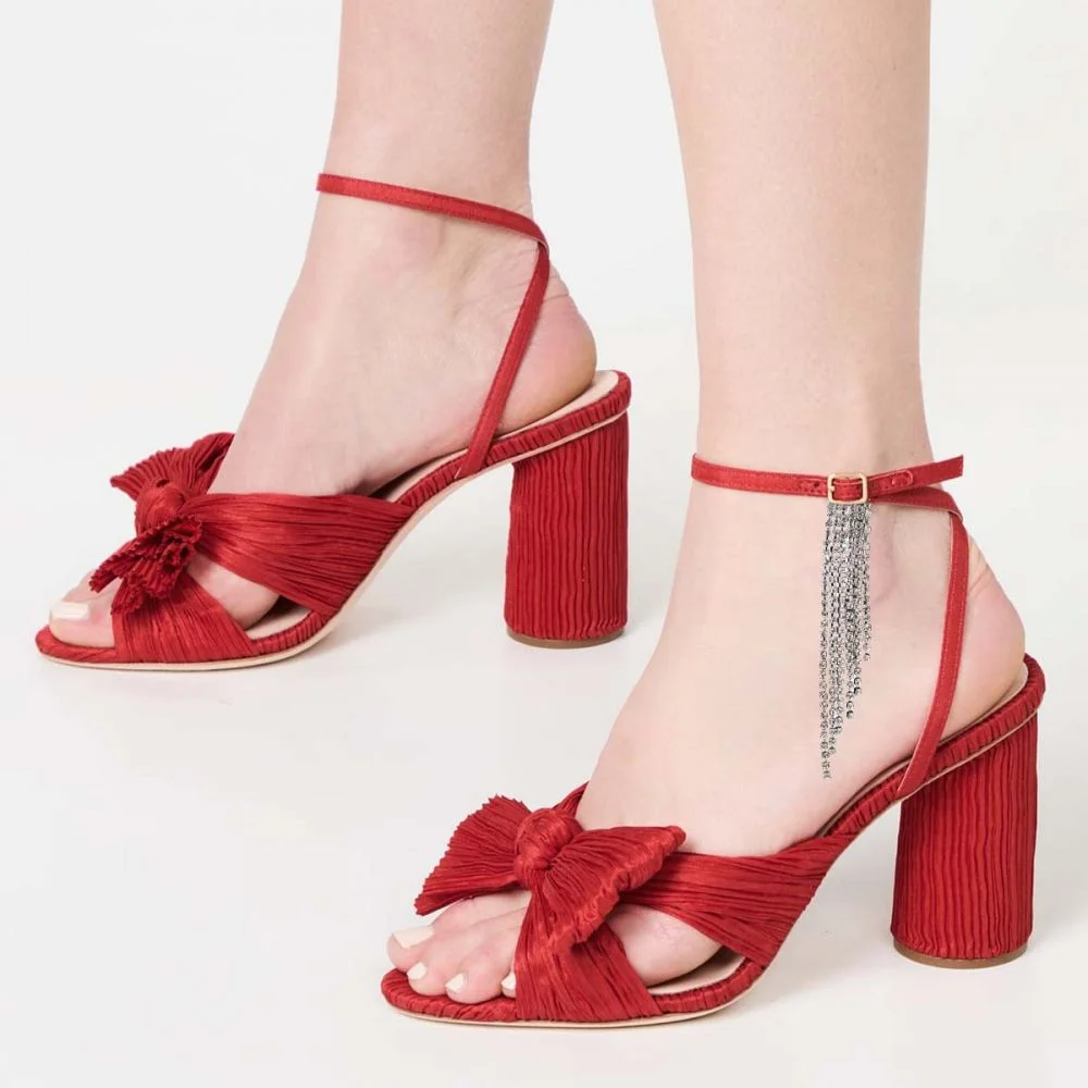 Red Peep Toe Sandals Knitwear Bow Decor Block Heels Nicepairs