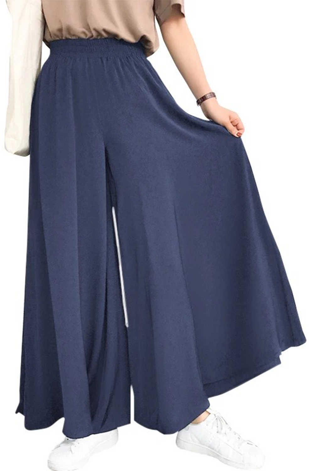 Plus Size Casual Black Elastic High Rise Wide Leg Pants 2024 - Flycurvy 