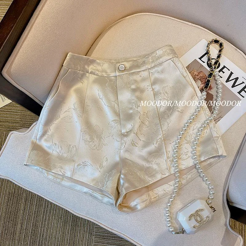 Ueong Summer Mercerized Satin Shorts White Trim A Version Of National Style Jacquard Wide-Legged Pants
