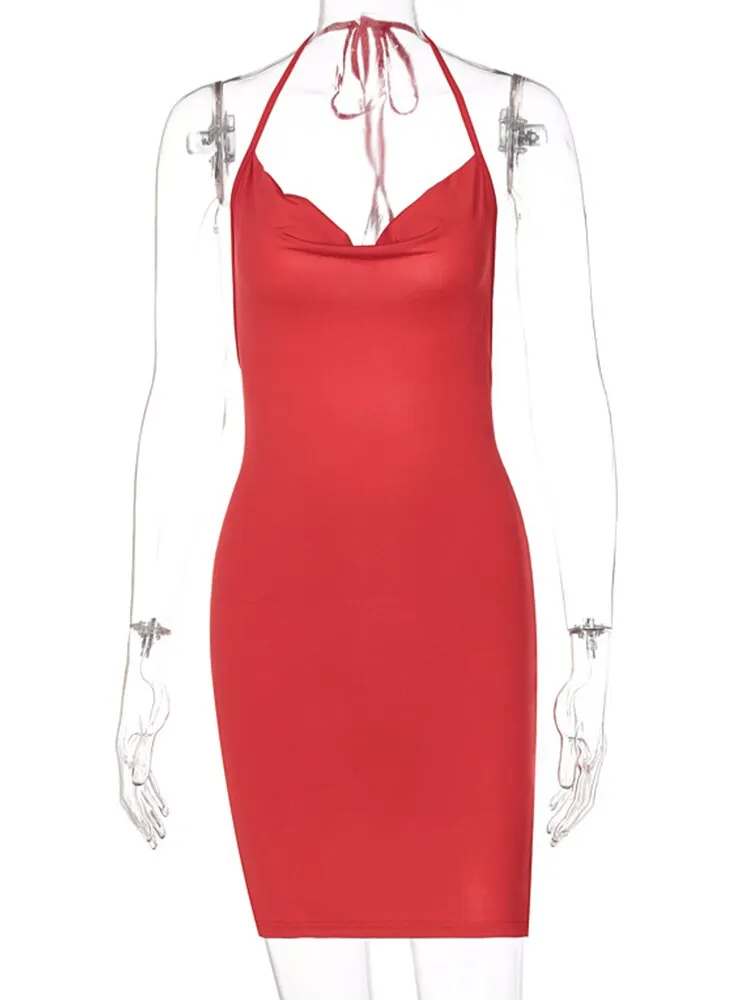 WannaThis Elegant Mini Dress Sleeveless Women Halter Clubwear Backless Ladies Sexy Bodycon Red Side Split Lace Up Dresses 2021