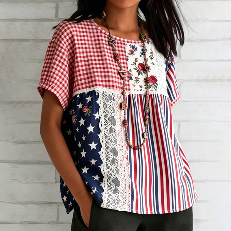 Comstylish Women's Usa Inspired Floral Linen Blend T-shirt