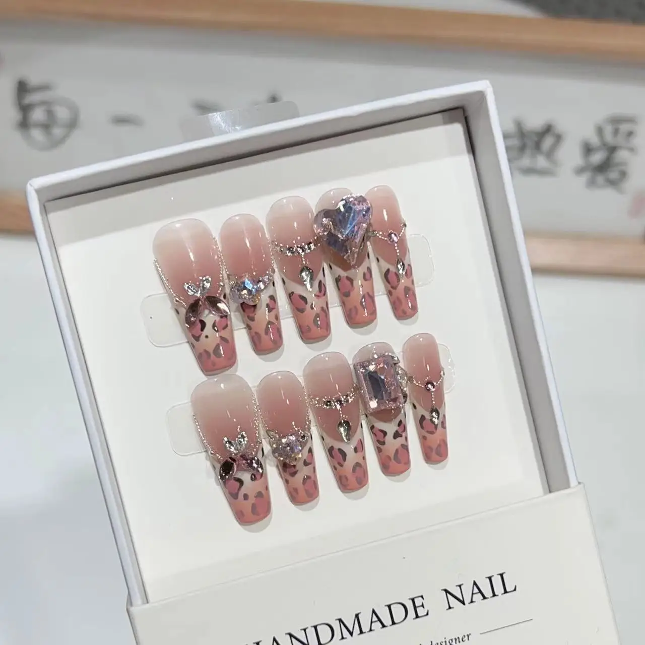 Oldedu Full Cover False Nails Press on Nails Fake Nails Handmade Removable Diy Pink Leopard Print French Steel Ball Love Diamond