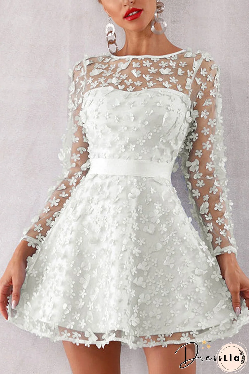 Champagne Applique Cocktail Dress With Long Sleeves