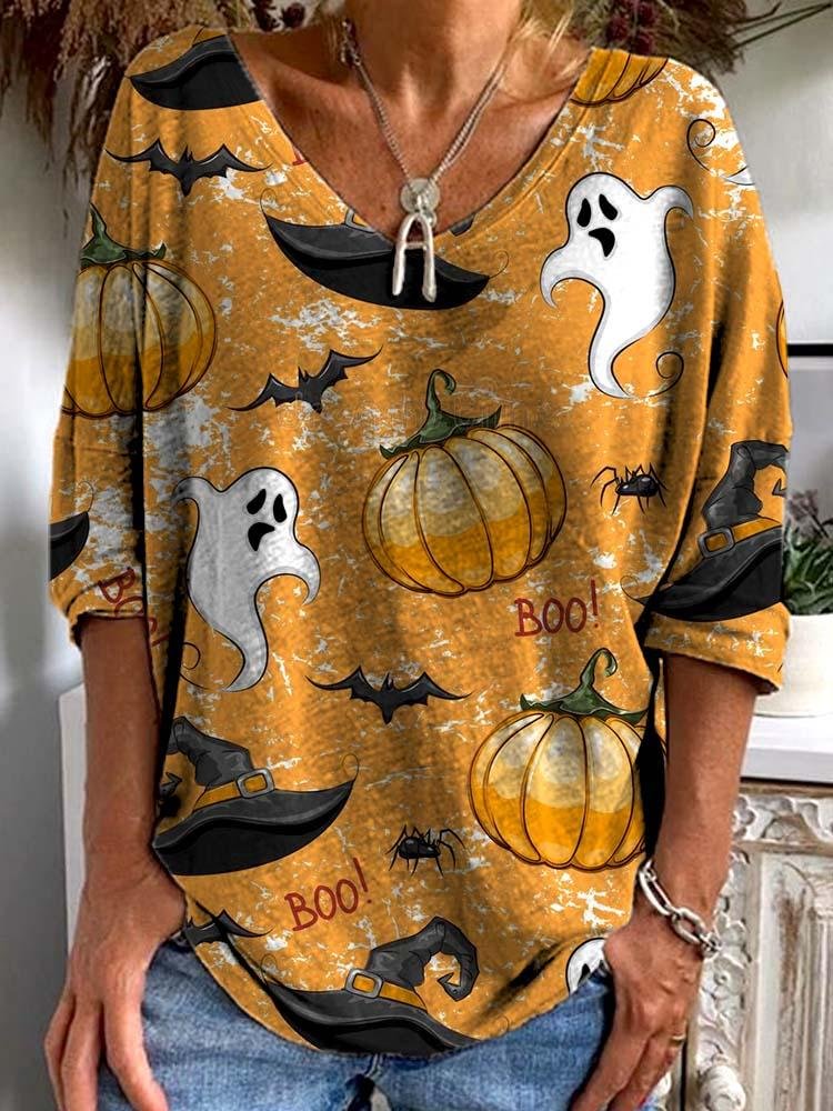 Women's Yellow V Neck Pumpkin Witch Hat Bat Halloween 3/4 Sleeve Shirt