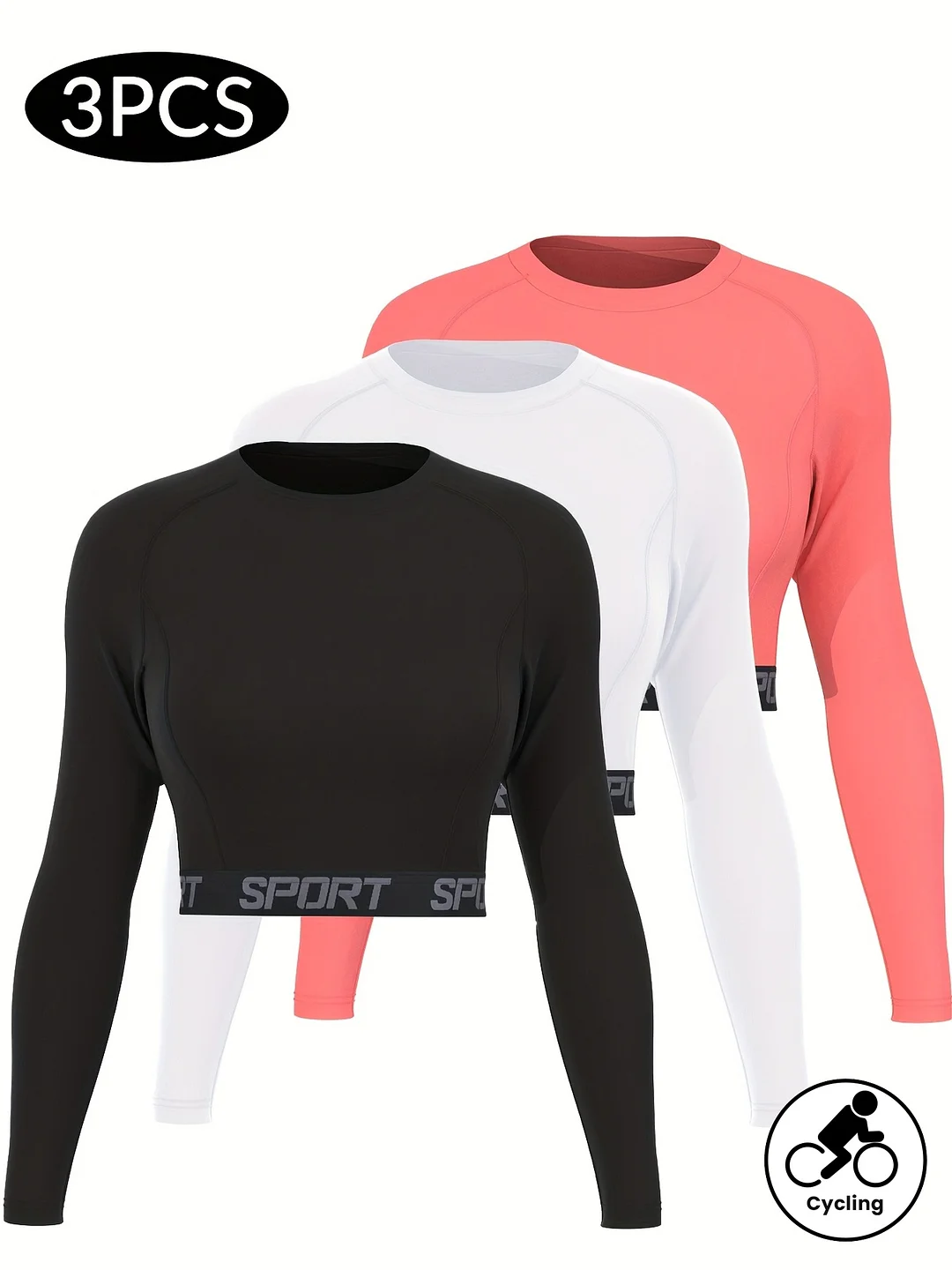 3-Pack Women's Long Sleeve Athletic Tops, Polyester 95% Elastane 5%, Crew Neck, Solid Color, Medium Stretch Knit Fabric, Lightweight Base Layer For Running, Cycling, Fitness, Spring/Summer/Fall - 180g/M² | IFYHOME