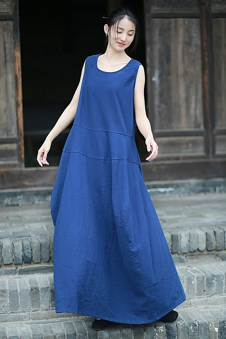 Literary Vintage Solid Color Sleeveless Dress