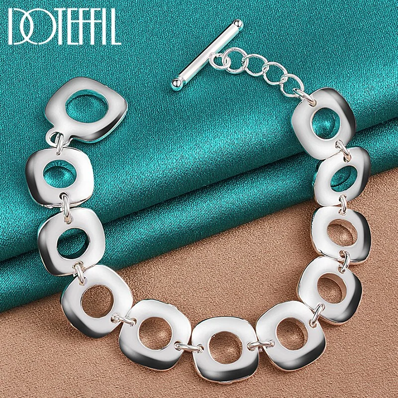 925 Sterling Silver Square Round Circle Chain Bracelet For Man Women Charm Jewelry