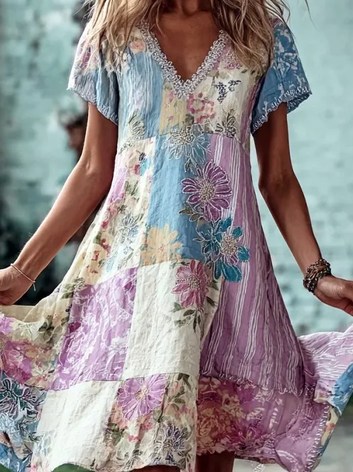 Women's Retro Floral Print Color Block Cotton Linen Comfortable V-neck Dress