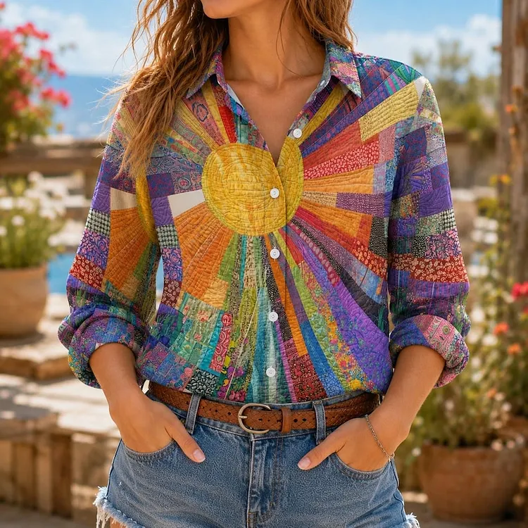 Women's Hippie Style Sun Patchwork Art Pattern Linen Casual Shirt