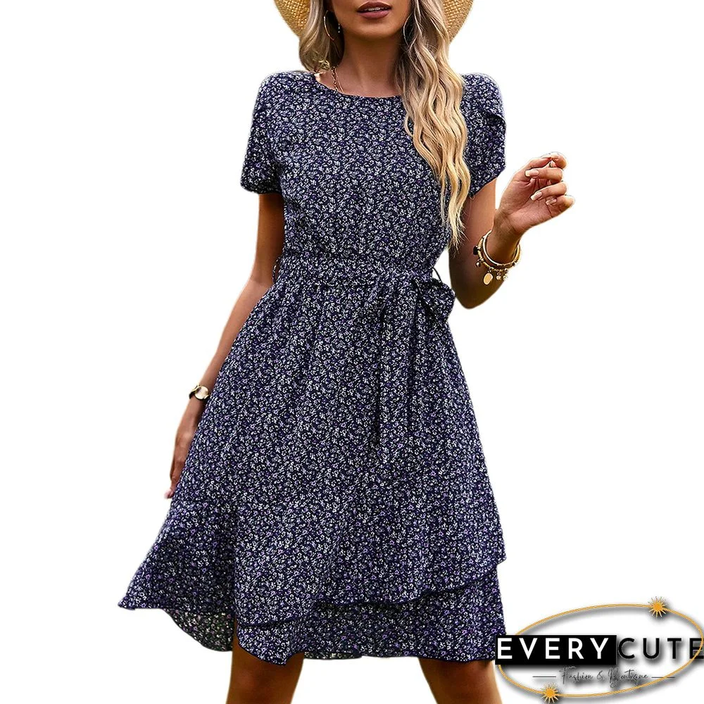 Navy Blue Ruffle Hem Woven Floral Mini Dress with Tie