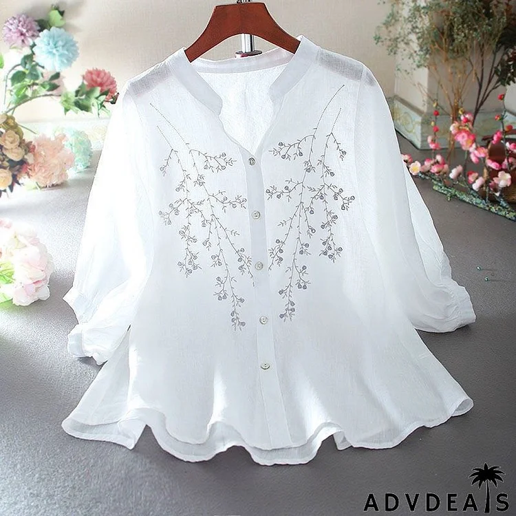 Women Casual Embroidery Round Neck Buttoned Loose Blouse