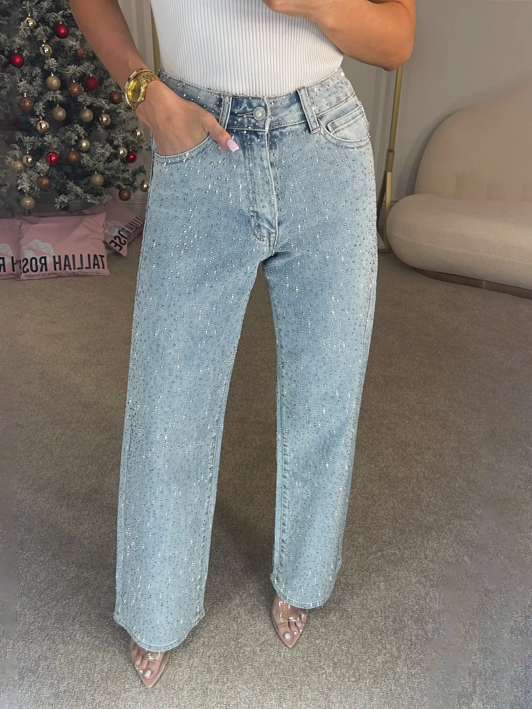 Athvotar Athvotar Industry Full Of Diamond Water Wash Jeans Women Senior Sense Low-Rise Straight Trousers Personality Hottie High Street Trousers