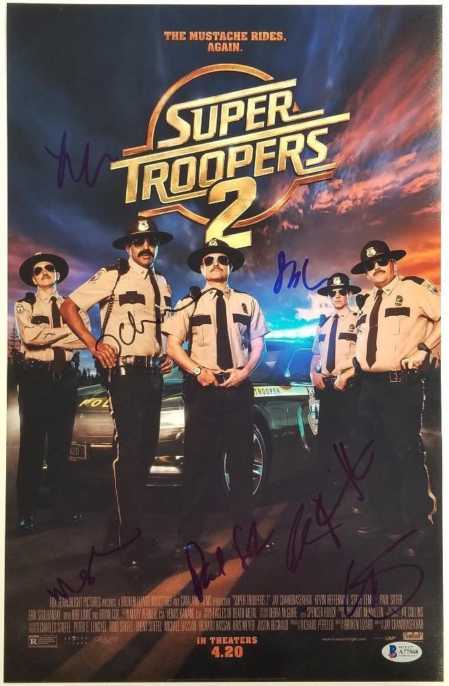 SUPER TROOPERS 2 Cast (7) Signed 12x18 Movie Poster #2 Auto (A)~ Beckett BAS COA