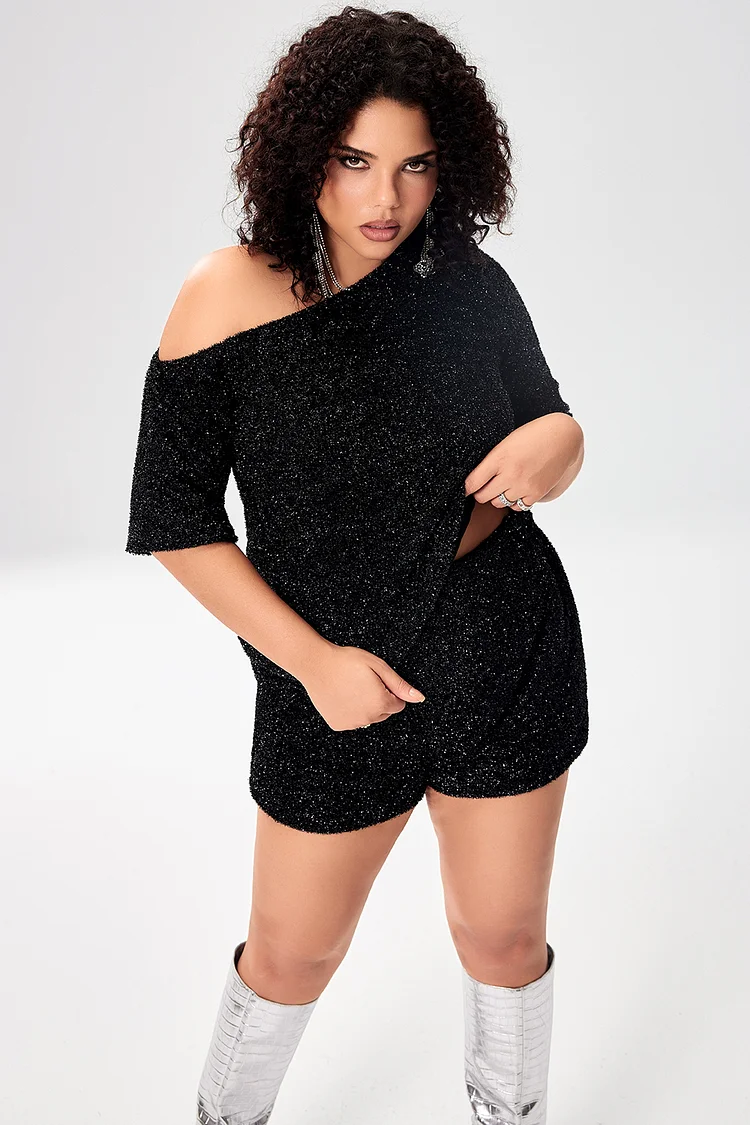 Xpluswear Design Plus Size Black Party Sequin Short Sleeve Skew Neck Two Piece Short Sets