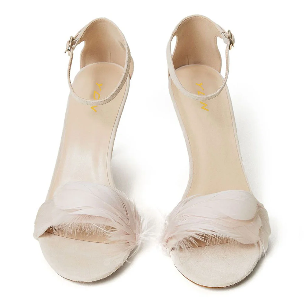 Ivory Ankle Strap Open Toe Stiletto Heeled Sandals with Feathers