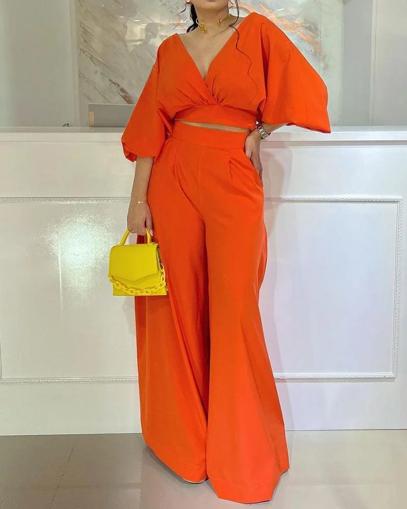 V-neck solid color puff sleeve two-piece set