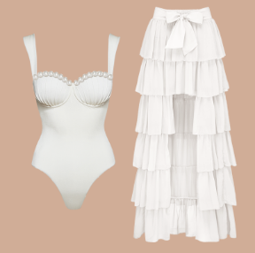 Sling Artificial Pearl Decor White One Piece Swimsuit and Skirt