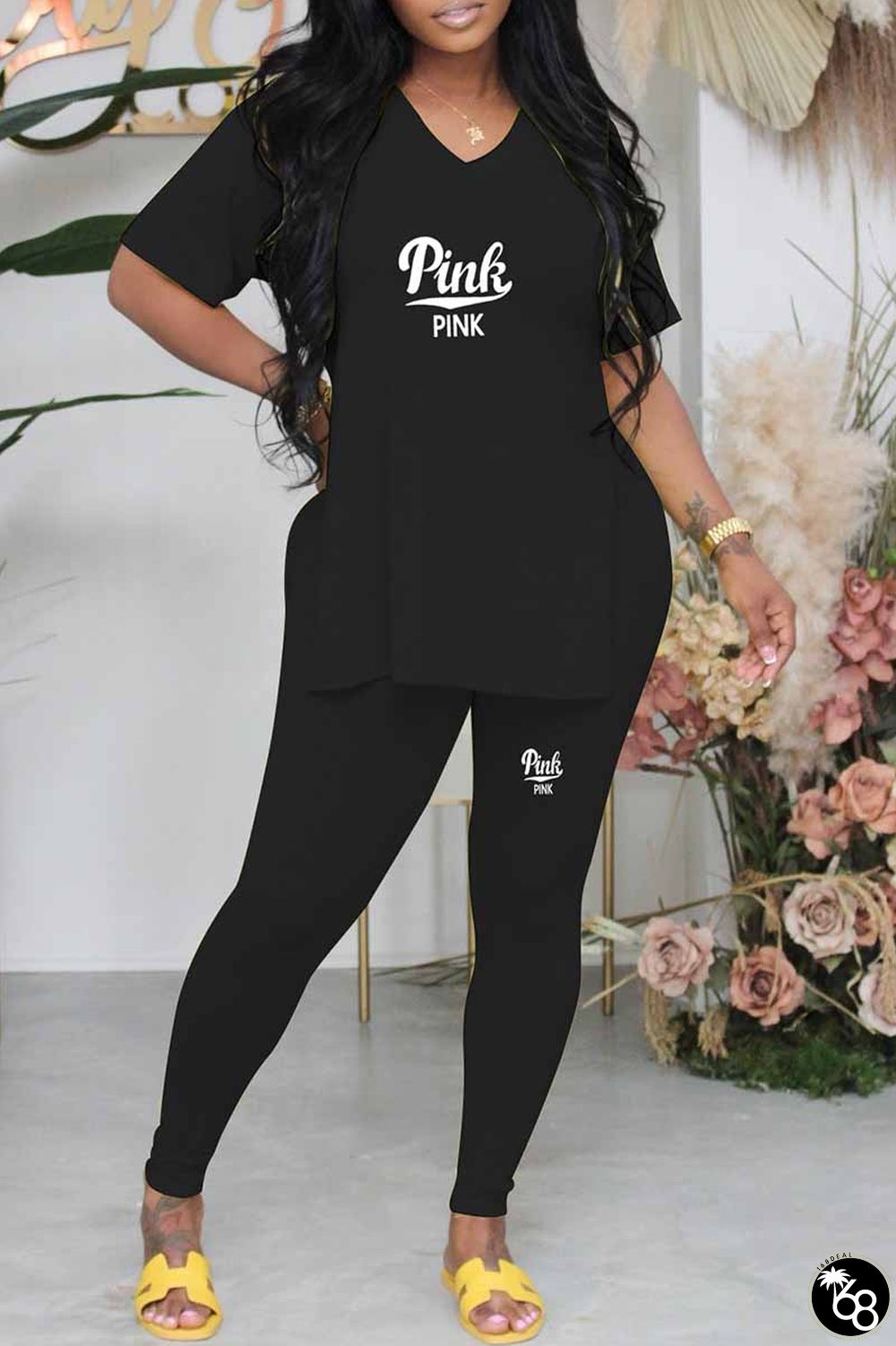 Casual Print Letter V Neck Short Sleeve Two Pieces | 168DEAL
