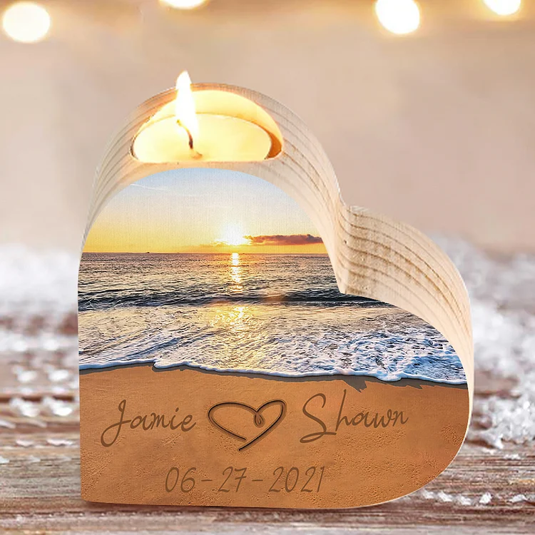 Candelero de madera mar y playa 2 nombres personalizados con fecha sin vela