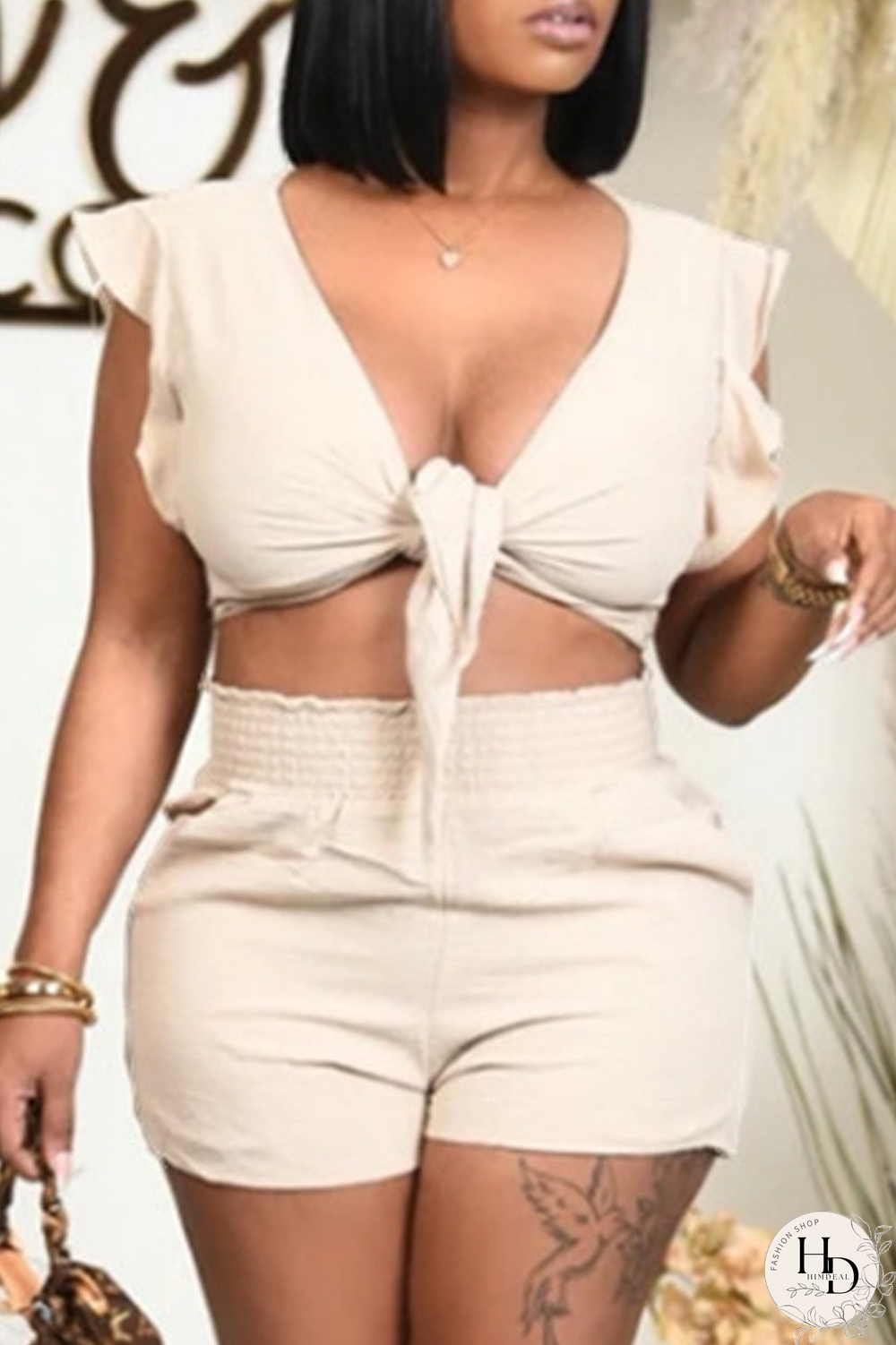 Cream White Sexy Solid Flounce V Neck Sleeveless Two Pieces