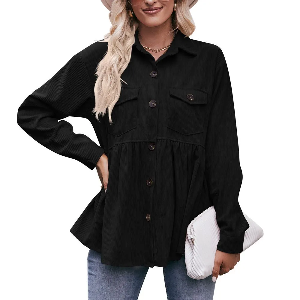 Women Long Sleeve Lapel Collar Peplum Hem Casual Shacket