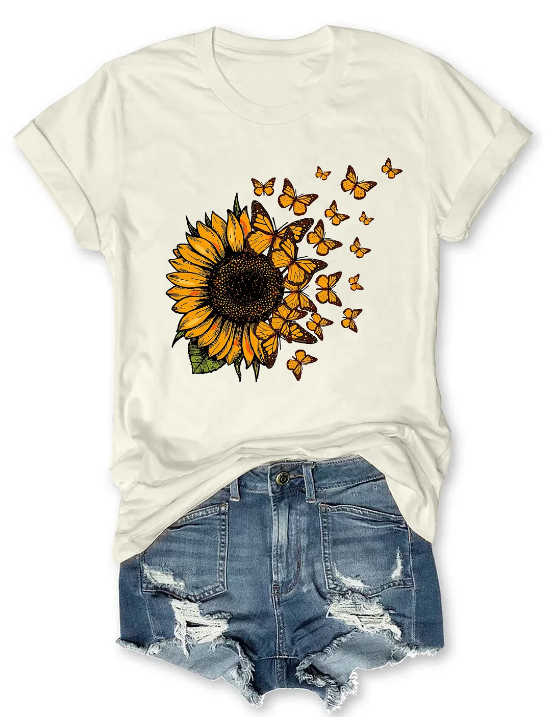 Beautiful Sunflower And Flying Butterflies T-shirt
