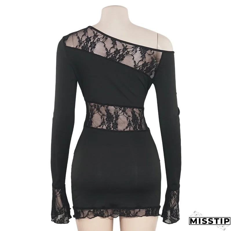 Autumn Solid Color Slash Shoulder Long Sleeve Sexy Lace Patchwork Short Dress