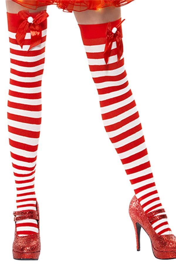 Cute Bow Striped Knee High Christmas Stockings Red-elleschic