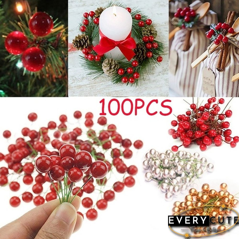 100Pcs Artificial Red Holly Berry Christmas Decor On Wire Bundle Garland Wreath