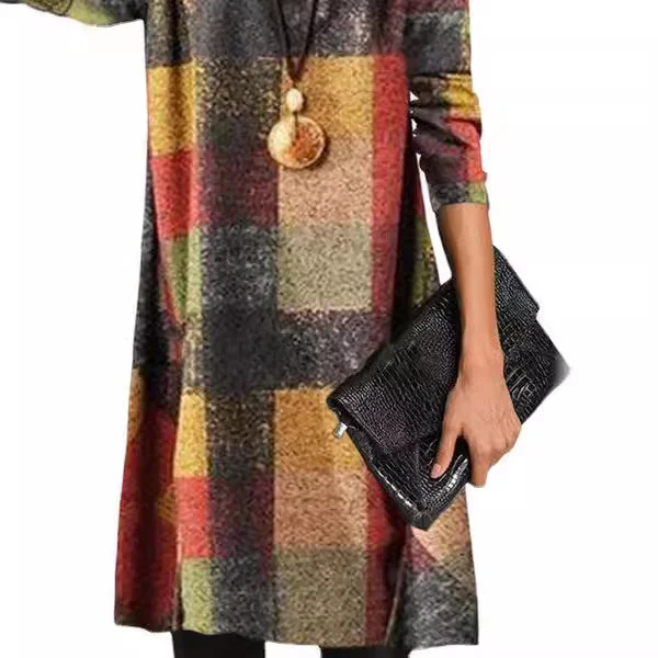 Wongn Wongn Autumn / Winter New Vintage Thickened French Cashmere Grinding Wool High Collar Long Sleeve Plaid Dress Direct Sales
