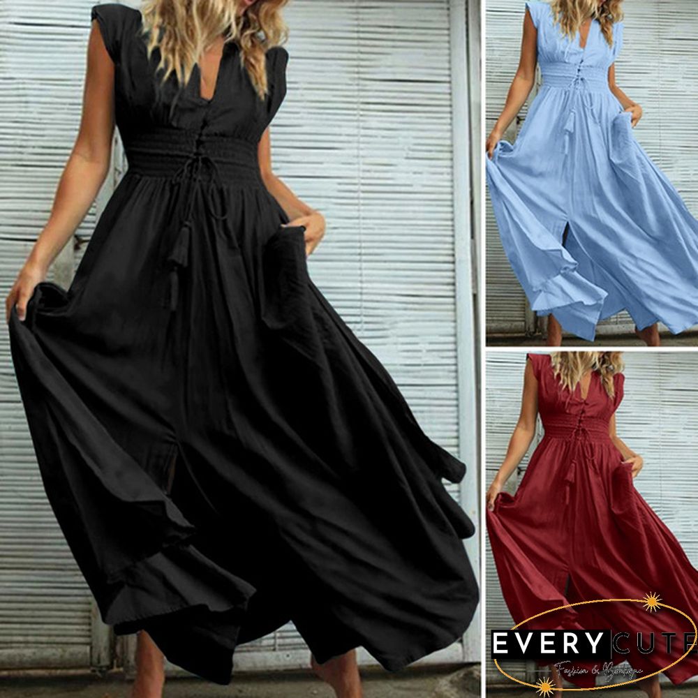 Oversized Retro Women Kaftan Solid Long Shirt Dress Sexy Party V Neck Bohemian Slit Hem Maxi Sundress