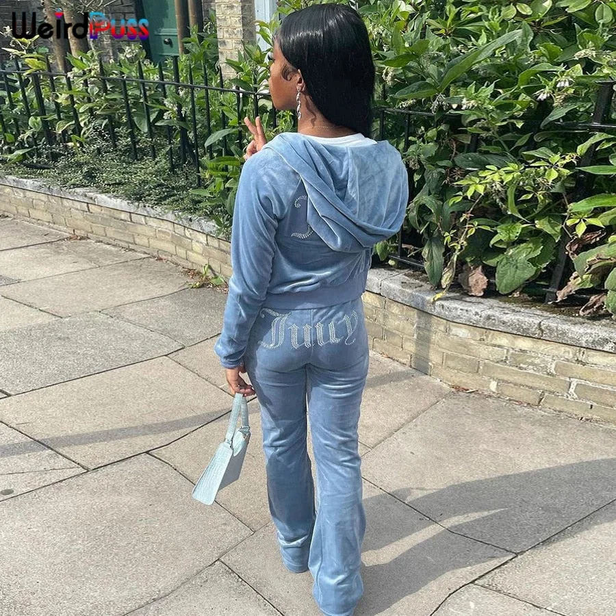 Weird Puss Rhinestone Letter Velvet Tracksuit Women Pocket Hoodie Sweatshirt+Casual Pants Autumn Streetwear Matching Suit Outfit