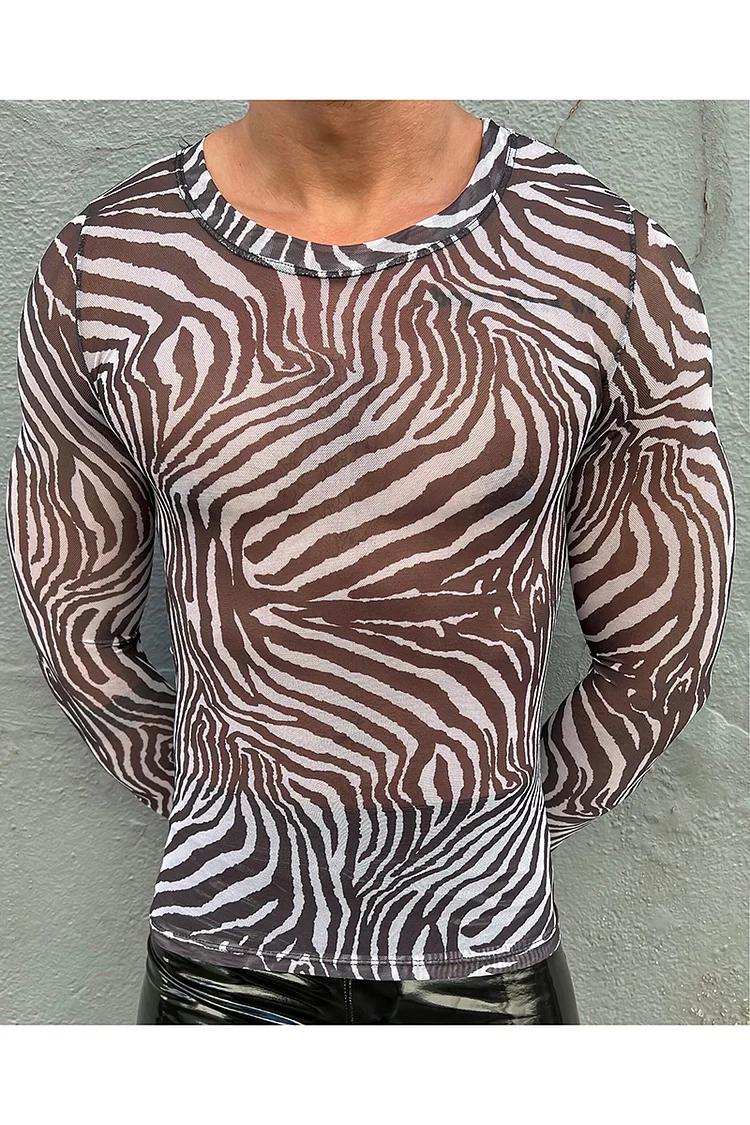Zebra-Striped Mesh See-Through Mock Neck Long Sleeve Slim T-shirt