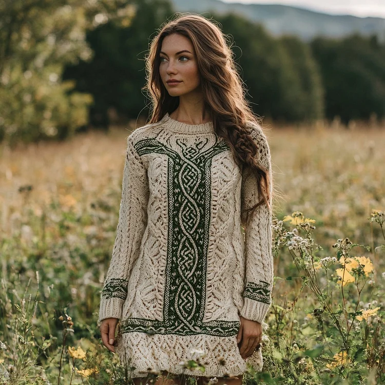 Women's Irish Celtic Knotted Contrast Round Neck Sweater Dress
