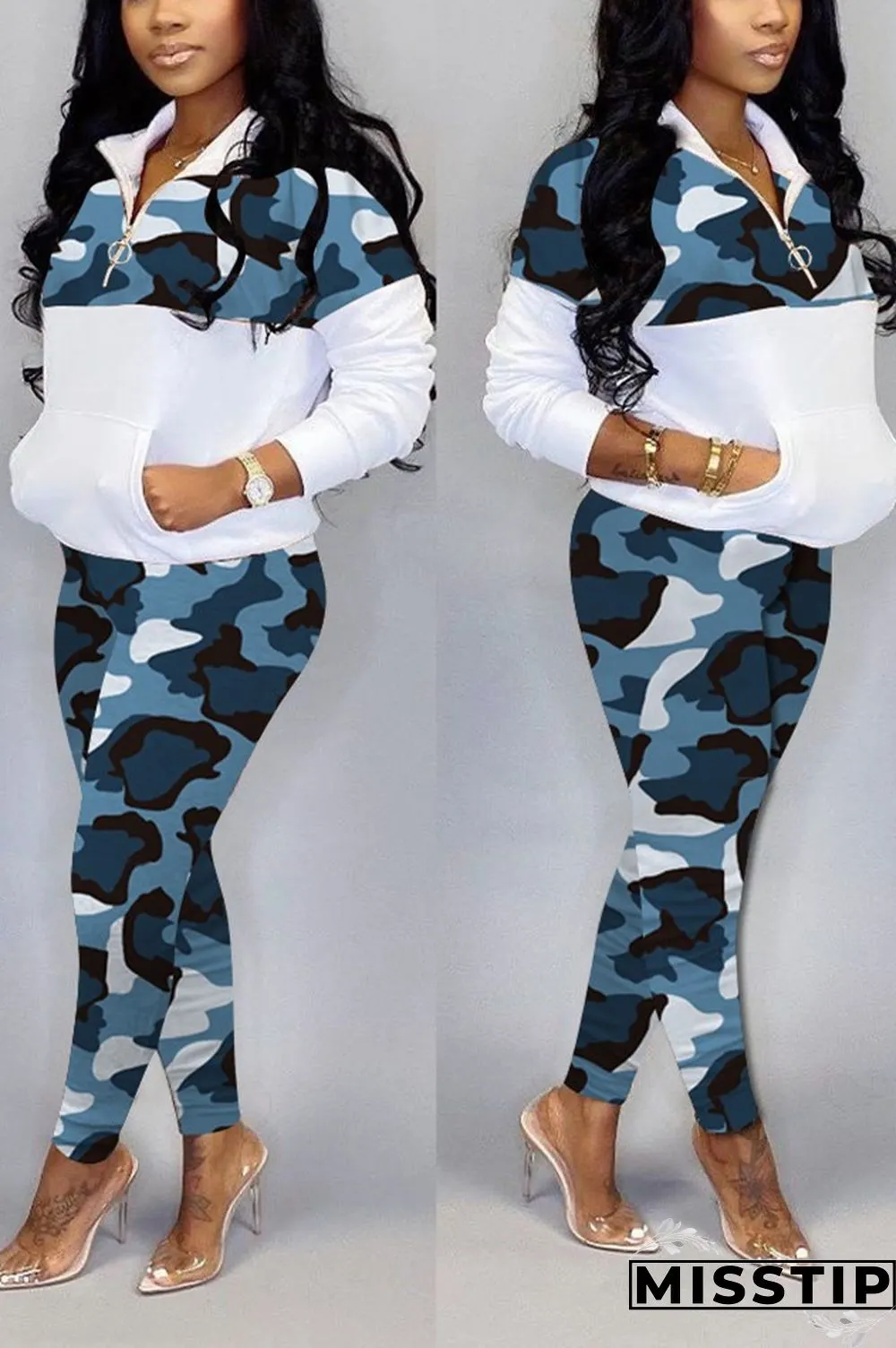 Blue Stylish Casual Printing Long Sleeve Zipper Sports Set
