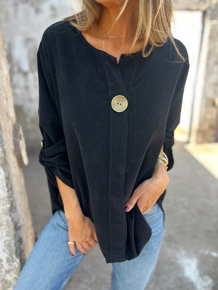 Women's Loose-Fit V-Neck Long Sleeve Top with Decorative Button 