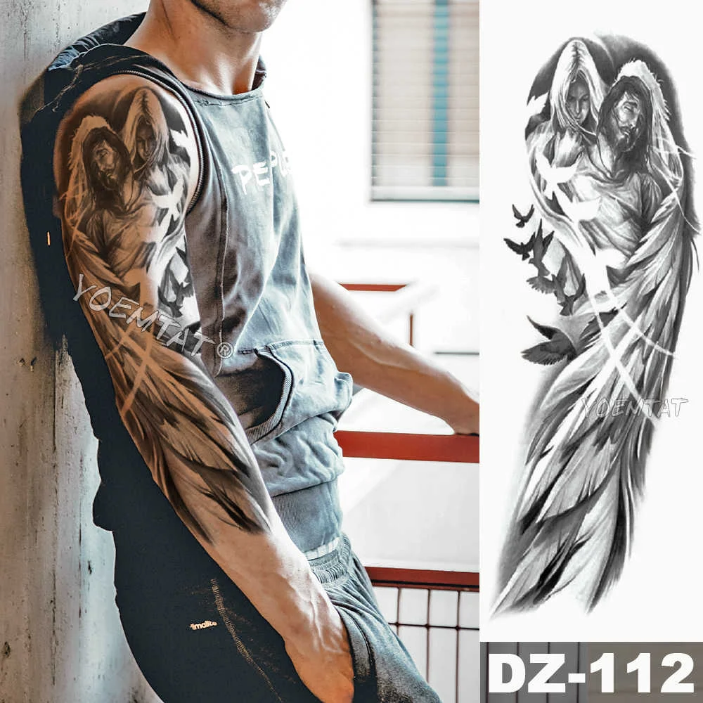 Sdrawing Arm Sleeve Tattoo Lion Crown King Rose Waterproof Temporary Tattoo Sticker Wild Wolf Tiger Men Full Skull Totem Tattoo