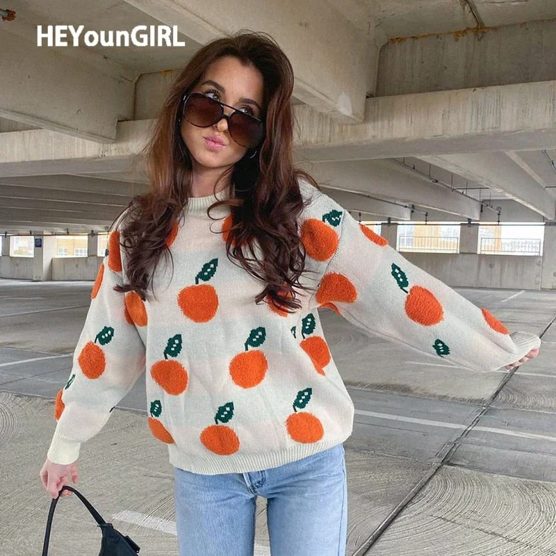 HEYounGIRL Cute Kawaii Casual Knitted Sweater Women Autumn Long Sleeve Jumpers Ladies Fashion Y2K Print Pullovers Winter 2021