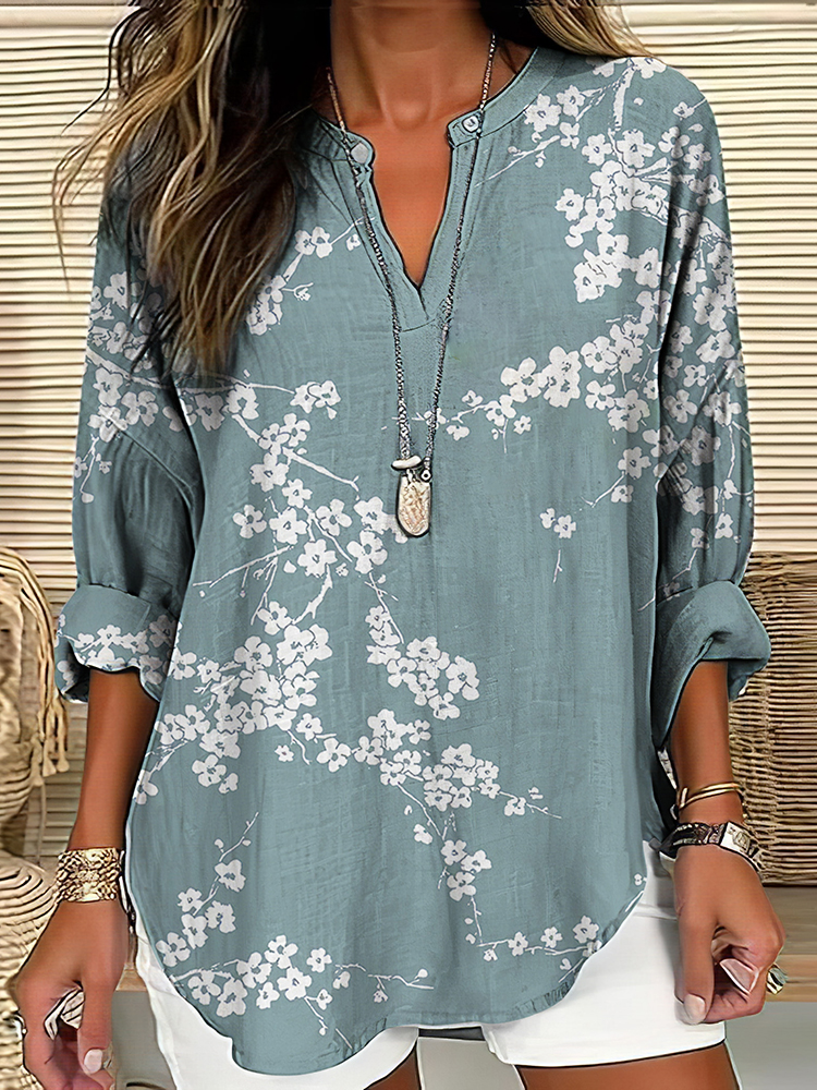 Comstylish Cherry Blossom Japanese Art Linen Blend Tunic