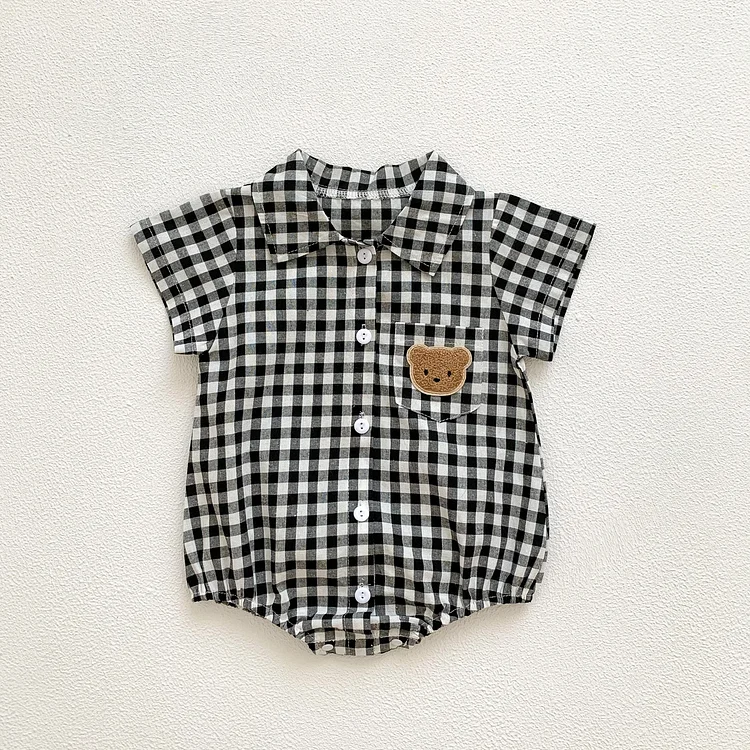 Baby Boy/Girl Polo Collar Embroidered Bear Plaid Short Sleeve Bodysuit